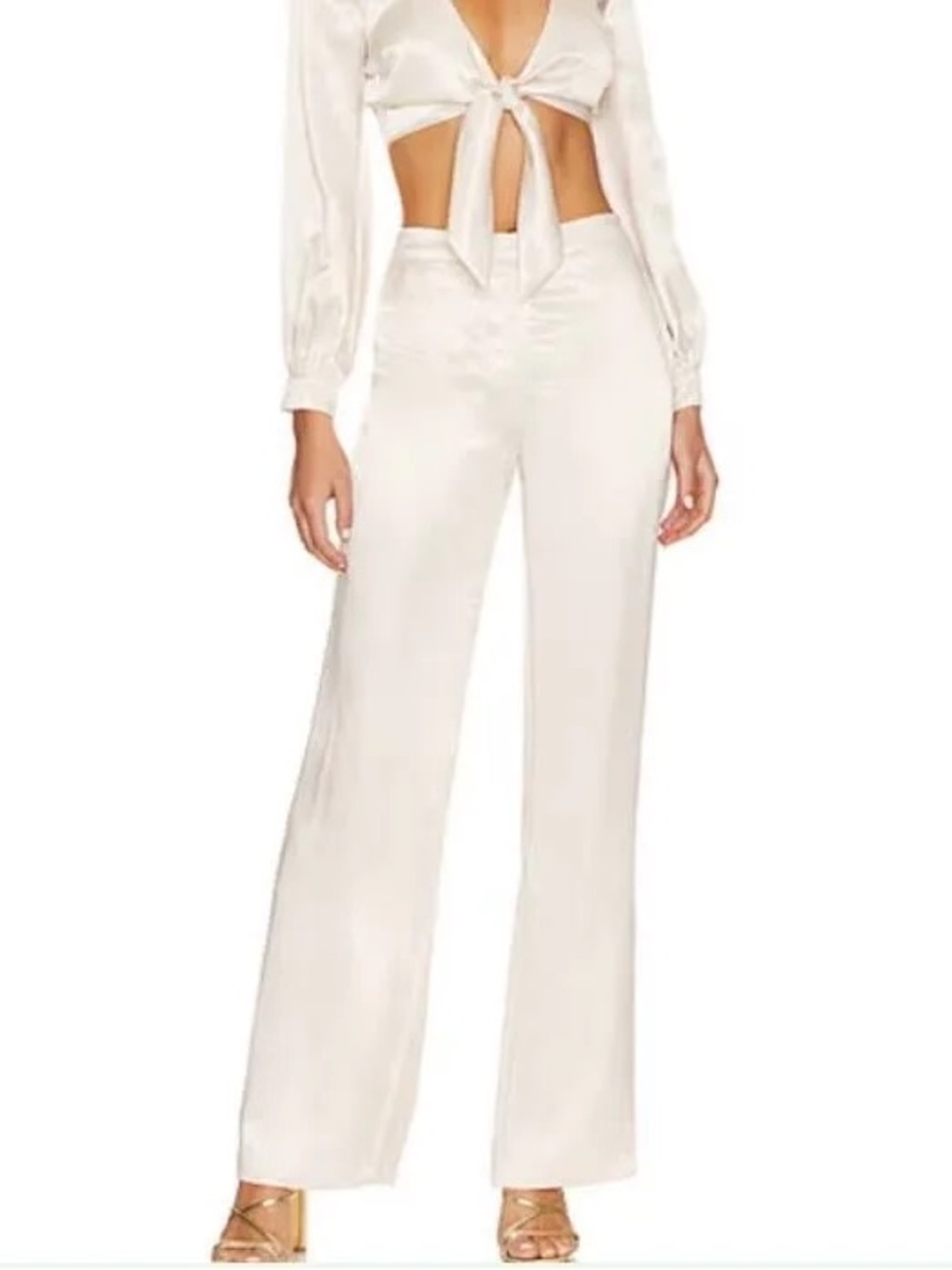House of Harlow 1960 Ivory High-Waist Wide-Leg Satin Pants with pockets